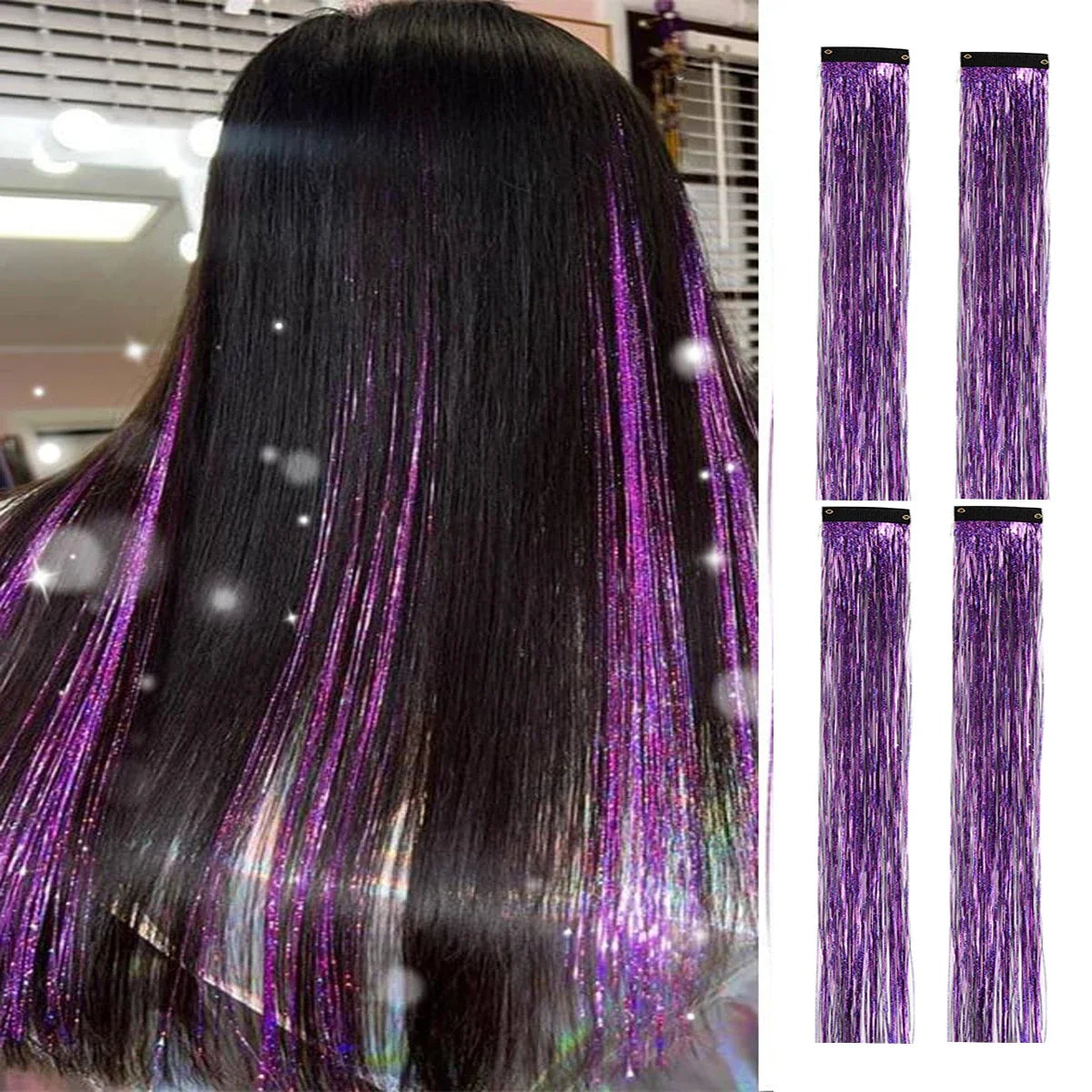 4 Pcs Hair Tinsel Clip Hair Tinsel Kit Glitter Fairy Tinsel Hair Extensions Colorful Heat Resistant Party Festival Accessories
